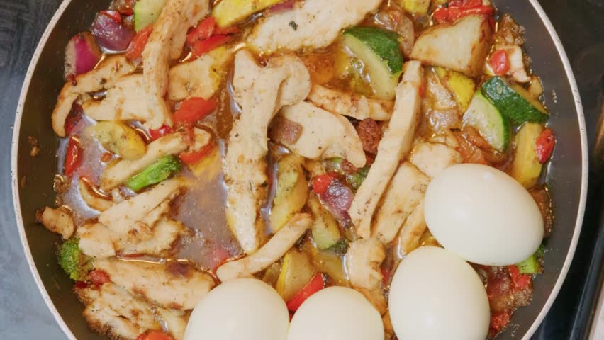 High Protein Chicken and Hard Boiled Egg Stir Fry Skillet