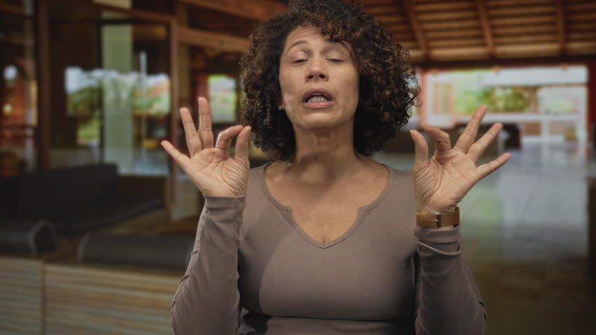 Middle aged hispanic woman doing breathing exercise with fingers forming ok sign in hotel building lobby; serenity.