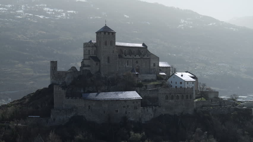Backlit Valère Castle in Sion - Fortified Roman Catholic Church STATIC