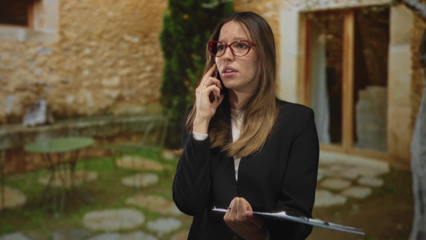 Woman holds phone to ear and reads clipboard in front of building entrance; focused business task planning.