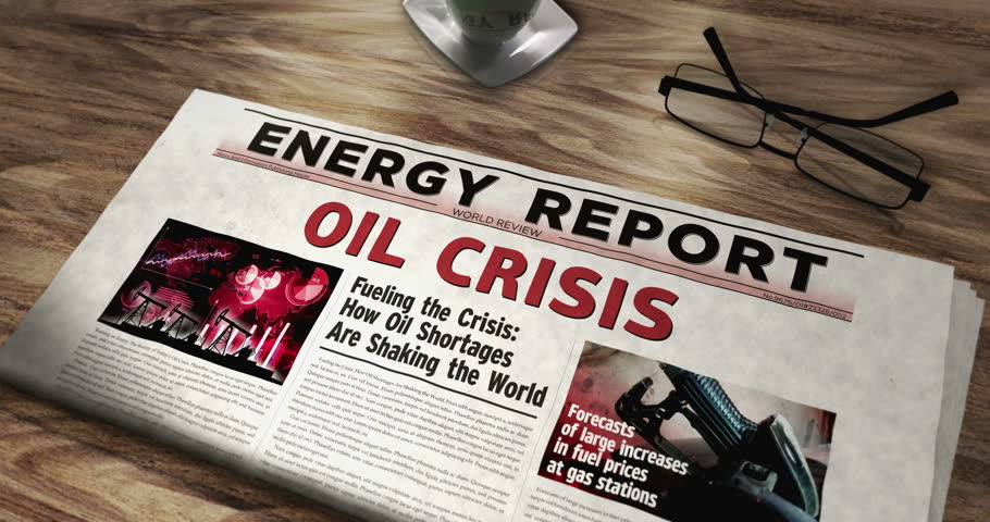 Oil crisis daily newspaper on table. Headlines news abstract concept 3d.
