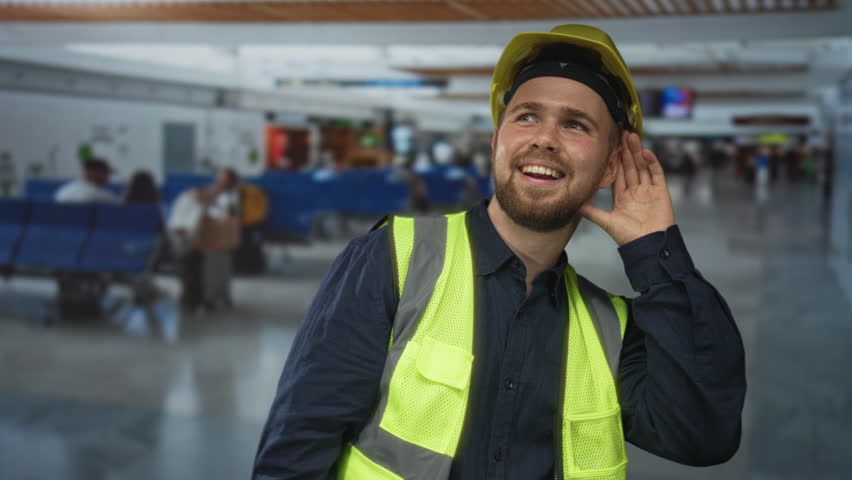 Man builder in hardhat and high visibility vest cupping hand to ear in busy airport terminal; friendly helpful service.