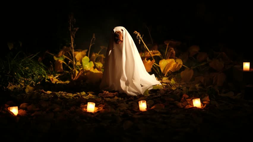 Cute english cocker spaniel dog wearing a ghost costume and sitting in a dark, foggy forest surrounded by candles. Spooky and funny halloween scene with an adorable pet celebrating the holiday