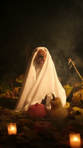 Cute english cocker spaniel wearing a ghost costume for halloween, sitting in an autumn forest at night surrounded by pumpkins, yellow leaves, candles, and spooky fog for trick or treating
