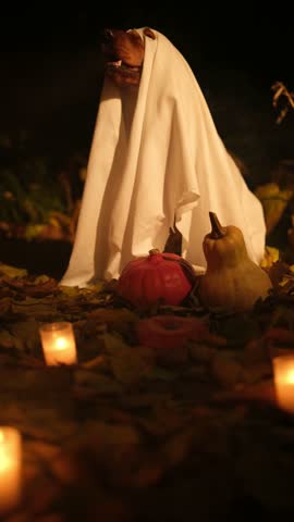 Adorable english cocker spaniel wearing a ghost costume at night, sitting among autumn leaves, lit candles, and pumpkins for a spooky and funny halloween celebration with a beloved pet