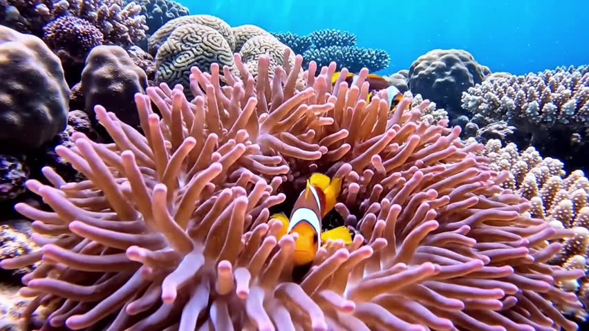 Beautiful underwater marine life featuring clownfish in anemones and blue crabs on the ocean floor of a coral reef.