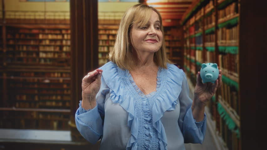 Middle age hispanic woman holds blue piggy bank with one hand and raises right hand palm forward inside a building aisle of bookshelves; financial caution.