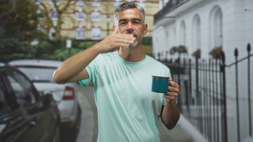 Man holds teal mug with right hand and left hand covering eyes on a street beside parked cars and iron railings; quiet introspection.