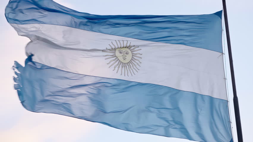 Argentina Flag Waving in Strong Wind Close Up