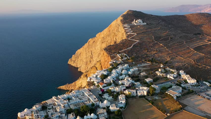 Panagia Church and Hora Village at sunset, Folegandros Island, Cyclades Greek Islands, Greece. High quality 4k footage