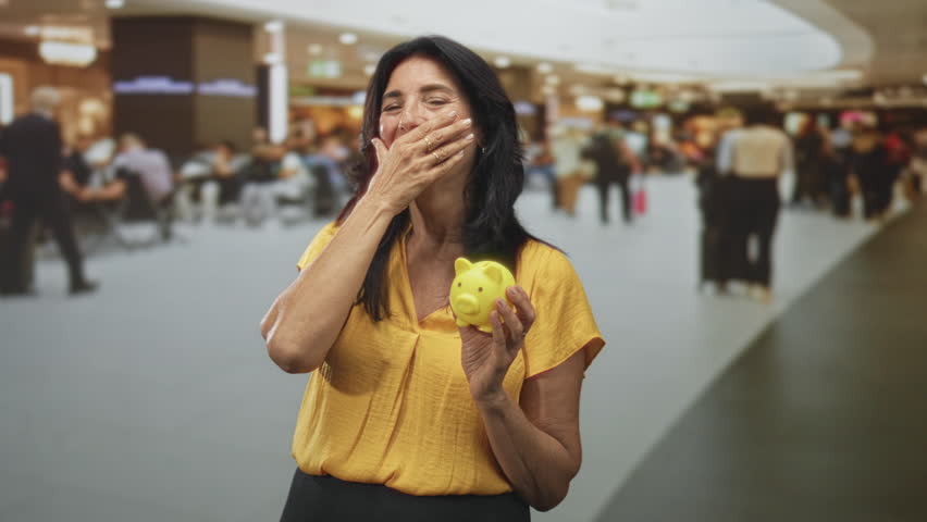 Middle age hispanic woman holding yellow piggy bank covers mouth with hand in busy airport concourse among travelers; relief savings.