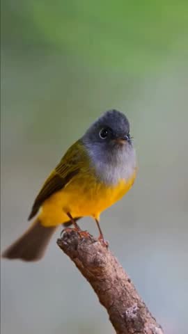 Close up of a small bird with yellow belly and grey head perched on a branch