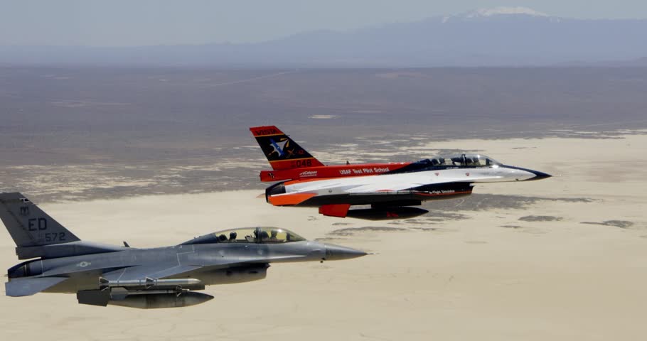 High-angle view of the X-62A VISTA, a unique test aircraft incorporating AI and autonomous flight systems during a demonstration for the US Air Force leadership at Edwards AFB.