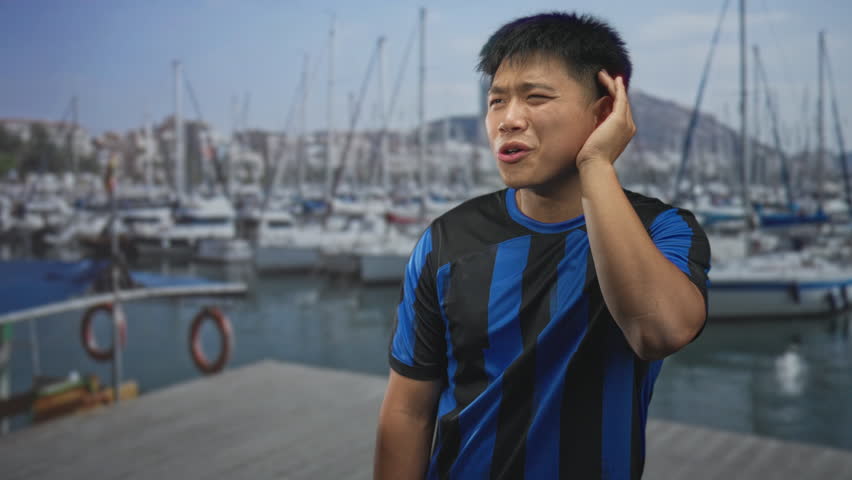 Young chinese man in blue and black soccer jersey cupping ear while standing on a marina dock near boats on a street; quiet reflection.