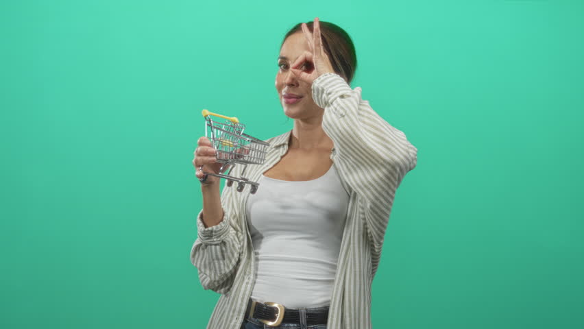 Woman holding miniature shopping cart and makes ok sign to eye while smiling in green studio; playful consumer joy.