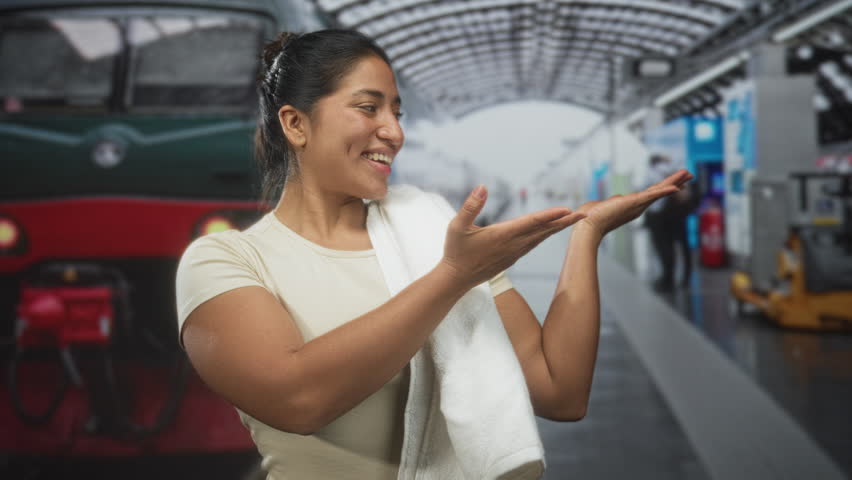 Young woman with towel over shoulder smiles and gestures with hands at a train station platform inside a building; confidence travel wellness.