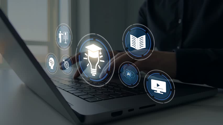 E-learning education.Education internet Technology.Business person who attends online lessons on a digital technology screen. Digital internet lessons and online webinar on virtual screen.