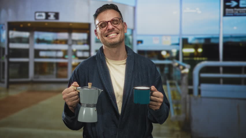 Man in robe holding moka pot and cup, hands presenting coffee at airport entrance with sliding doors and railing; morning ritual serenity.