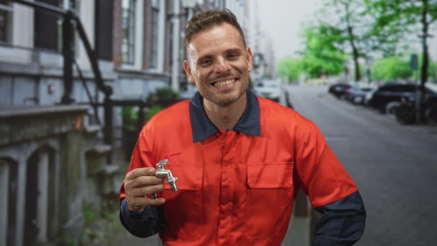 Man plumber in orange uniform holds a tap with one hand and rubs his eye with the other on a street by a building and parked cars; friendly service.