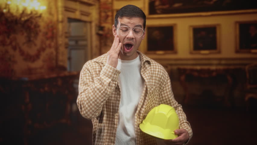 Young hispanic builder man holding yellow hardhat and touching chin in ornate building, wearing plaid shirt and glasses; thoughtful reflection.