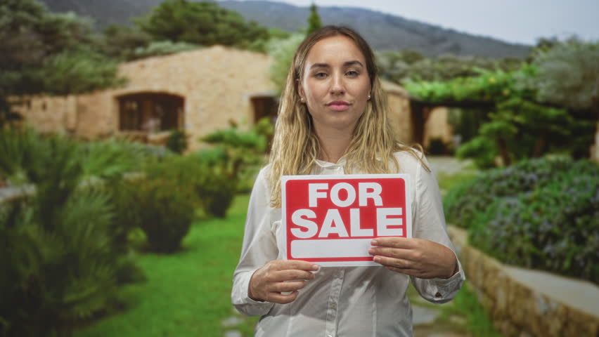 Woman young blonde holds for sale sign with hands in front of building entrance and landscaped garden path; selling opportunity hopeful.