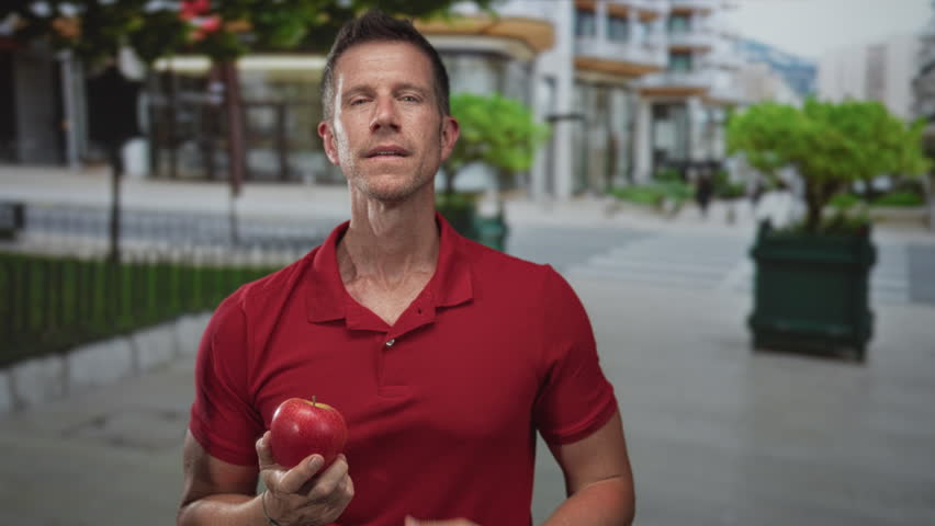Man holding red apple and hand on chest on street, gaze toward camera; gratitude wellness reflection.