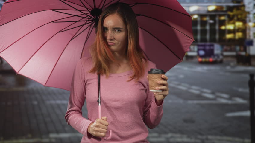 Woman holding pink umbrella and takeaway coffee cup, smirking with slight head tilt while standing on a rainy street; quiet confidence.