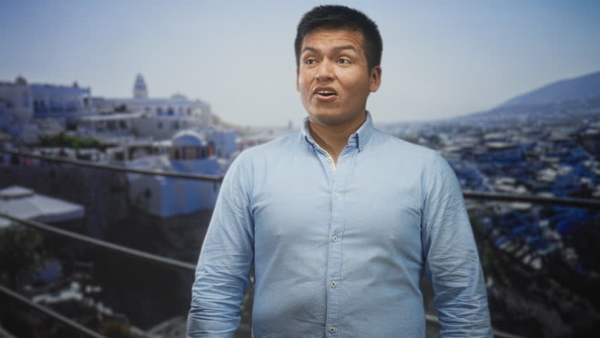 Man with mouth open looking upward on building balcony by railing and white buildings overlooking sea and santorini town; surprise.