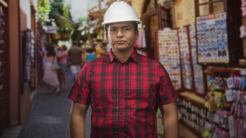 Man wearing white hardhat stands facing camera as engineer with red plaid shirt and exposed forearms in a street market; serious.