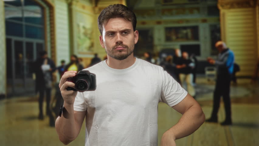 Young man holding dslr camera with hand near lens and arm bent, looking upward in a grand building concourse with blurred crowds; curiosity introspection.