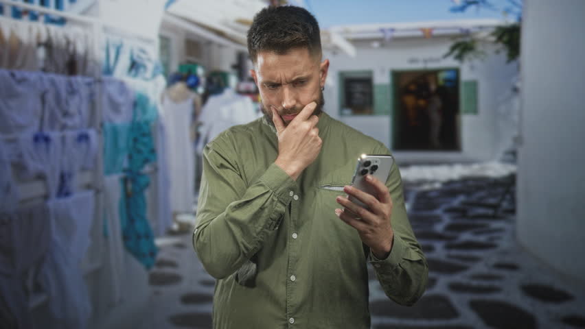 Man with beard holding smartphone, finger to ear and checking the screen on a narrow sunlit cobblestone street; thoughtful concern.