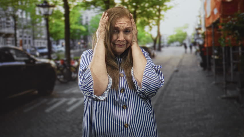 Woman with hands to head in blue striped shirt on a city street, palms pressed to temples in a tense gesture; anxiety resilience.