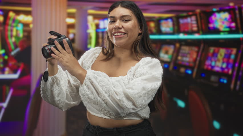 Woman holding camera with both hands, smiling and showing bare midriff while wearing a white blouse inside a casino building; joy curiosity.