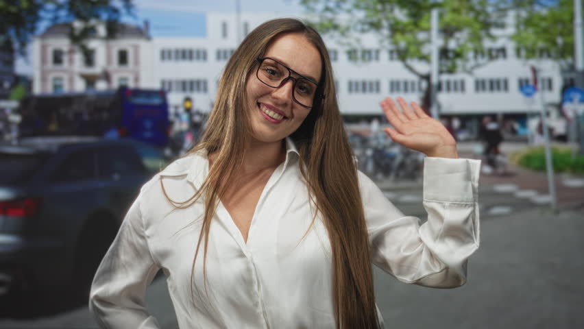 Woman smiling and waving hand on a busy street in front of shops and cars, wearing glasses and white blouse; friendly greeting.