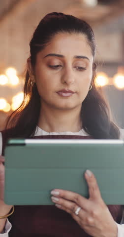 Management, tablet and thinking with woman in coffee shop for online booking schedule or planning. App, ideas and research with thoughtful store owner in cafe or restaurant for agenda or menu review