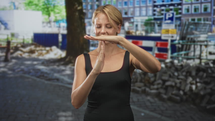 Woman shows timeout with hands in street construction area by barrier and cobblestones wearing black tanktop; confidence calm.