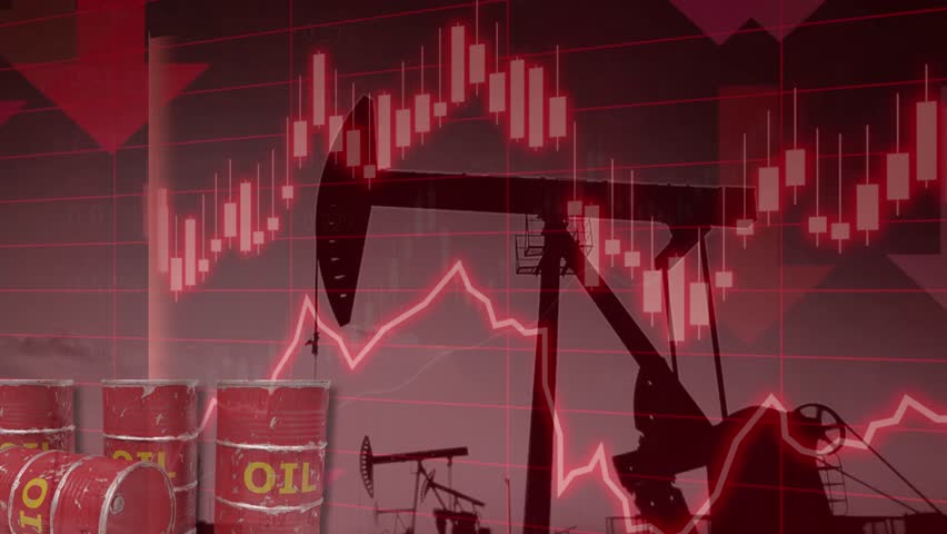 Industrial oil pumps and crude oil barrels, along with a sharply declining market chart, illustrate the collapse and price drop in the energy market.