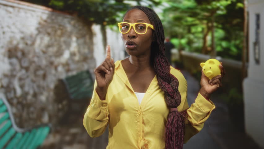 Young african american woman holds a yellow piggy bank in her right hand and pinches fingers near chest while looking sideways on a street with stone wall and trees; saving contemplation.