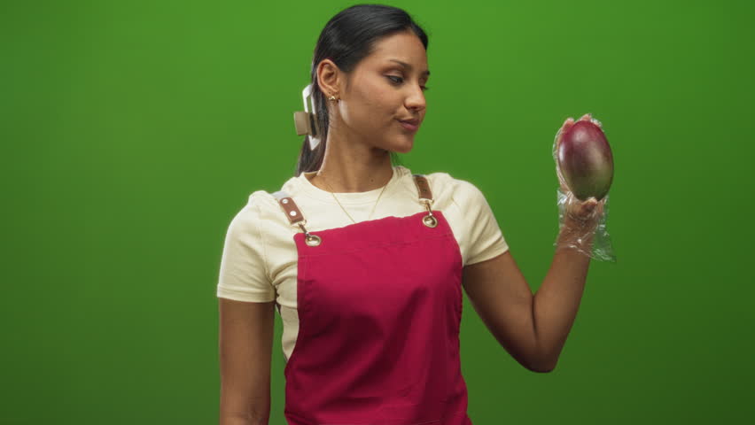 Woman in apron holds mango with gloved hand and shows thumbs down gesture in studio; disapproval product quality.