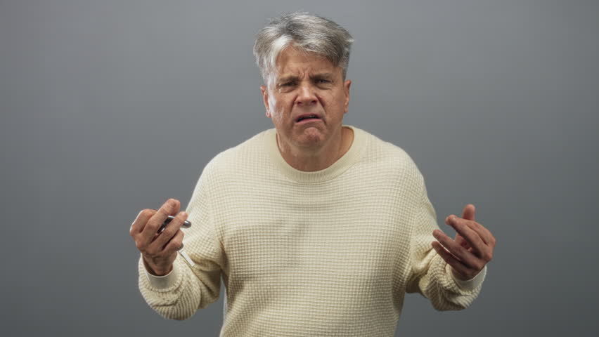 Man with grey hair wearing cream sweater holding car keys and showing middle fingers against a studio gray backdrop, pained grimace; frustration.