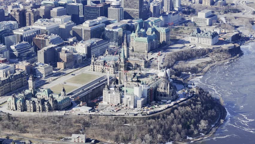 aerial city view of the skyline of downtown Ottawa, including Parliament buildings Ottawa, Ontario Canada.