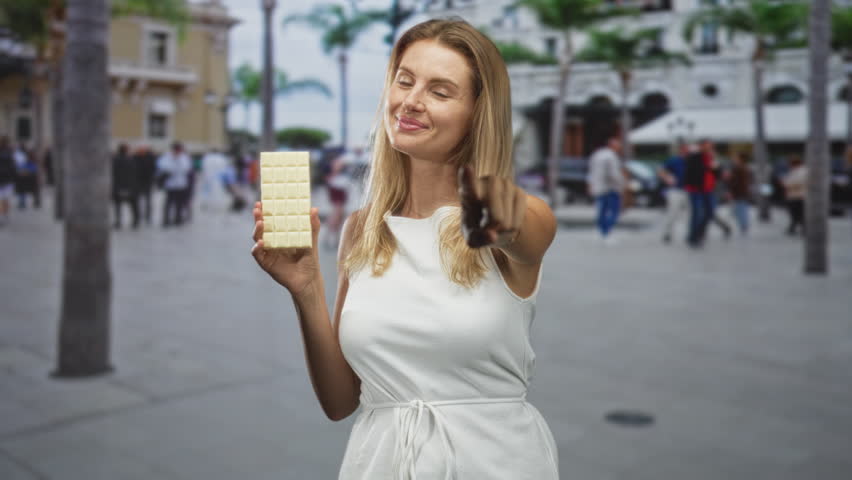 Woman in white dress holds white chocolate bar and points finger at camera in busy street plaza with palm trees; invitation confidence.