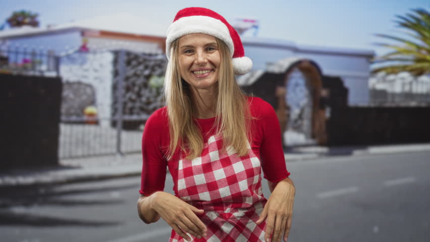 Woman in santa hat and red checkered apron smiling with hand on stomach and waving gesture on street in front of house; holiday joy.