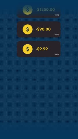 Vertical Fraud Alerts Animation. Banking notifications fall top to bottom as fraudulent withdrawals. Mobile UI credit card fraud alerts. Seamless loopable 2D motion graphic security awareness clip