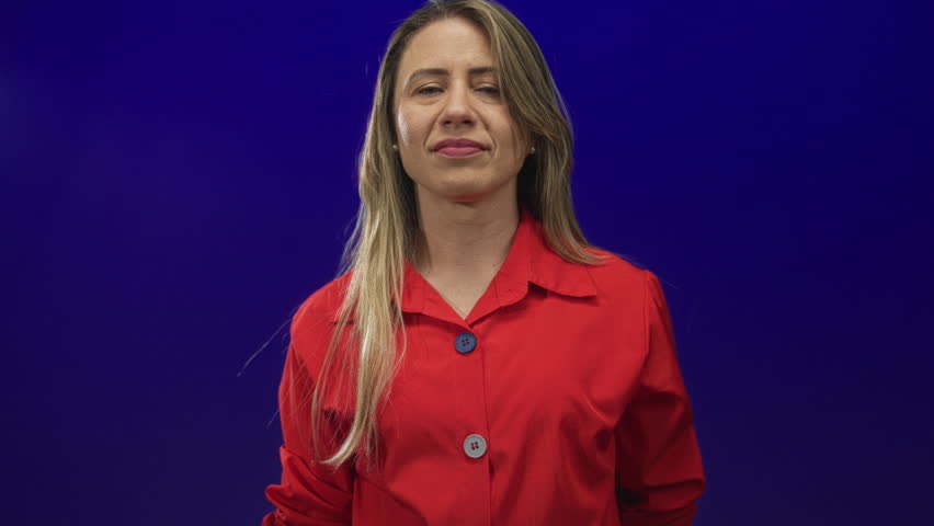 Woman with closed eyes touching blonde hair and head wearing red shirt and gold bracelet in blue studio; serenity.