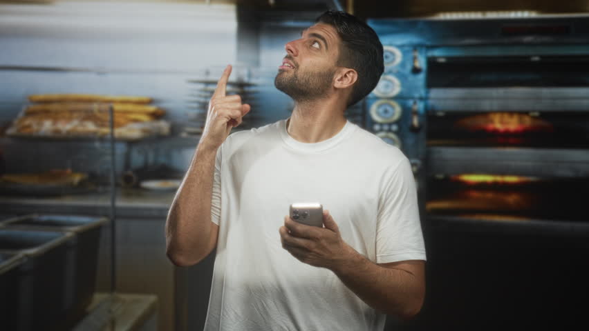Man holding smartphone and pointing a finger toward his temple in a bakery kitchen with ovens, racks and bread visible while checking the screen; contemplation.