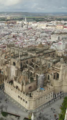 Vertical aerial showcasing Seville Cathedral towering over the historic cityscape of Seville.