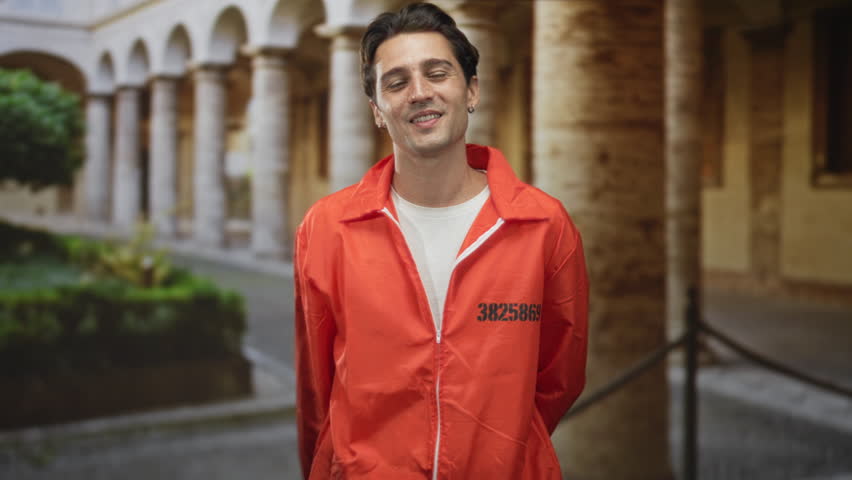 Man in orange prisoner jumpsuit with visible inmate number points finger to forehead in a historic building courtyard; defiance.