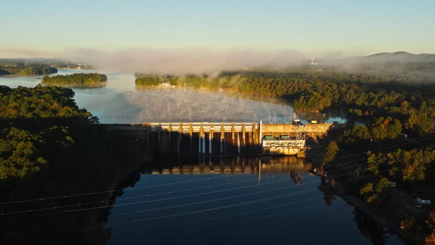Foggy Clouds Over Carpenter Dam On The Ouachita River In Arkansas, Near Hot Springs. Aerial Shot