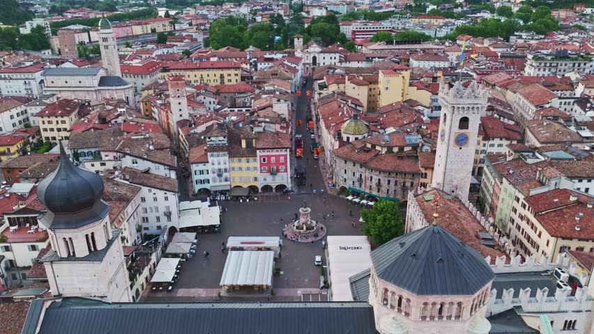 Aerial drone view of Trento Cathedral (Duomo di San Vigilio) in Piazza del Duomo, Trento, Italy.